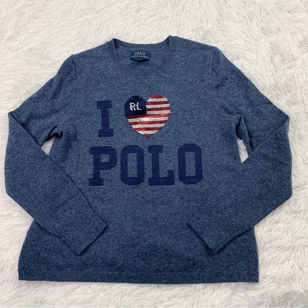 Polo Ralph Lauren‎ long sleeve crew neck wool blend embellished flag sweater
